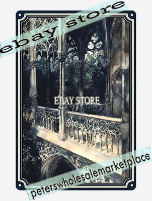 Gothic Balcony Tin Sign Victorian Architecture Night Scene