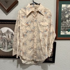 Vintage 70s Hustler Collection Cream Floral Pearl Snap Mens Western Shirt Medium
