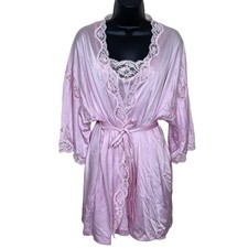 Vintage Miss Elaine Pink Lace Trim Satin Nylon Peignoir Set M 70s 80s Boudoir