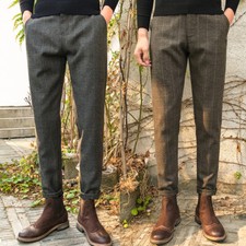 Mens Check Plaid Wool Blend Dress Pants Smart Business Trousers Bottoms