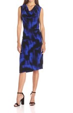 T Tahari Sleeveless Sheath Dress Draped Neck Blue Size S
