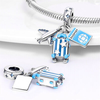 Flugzeug Flugzeug Reisepass Gepäck Tasche Urlaub Anhänger Charm Sterling Silber 925