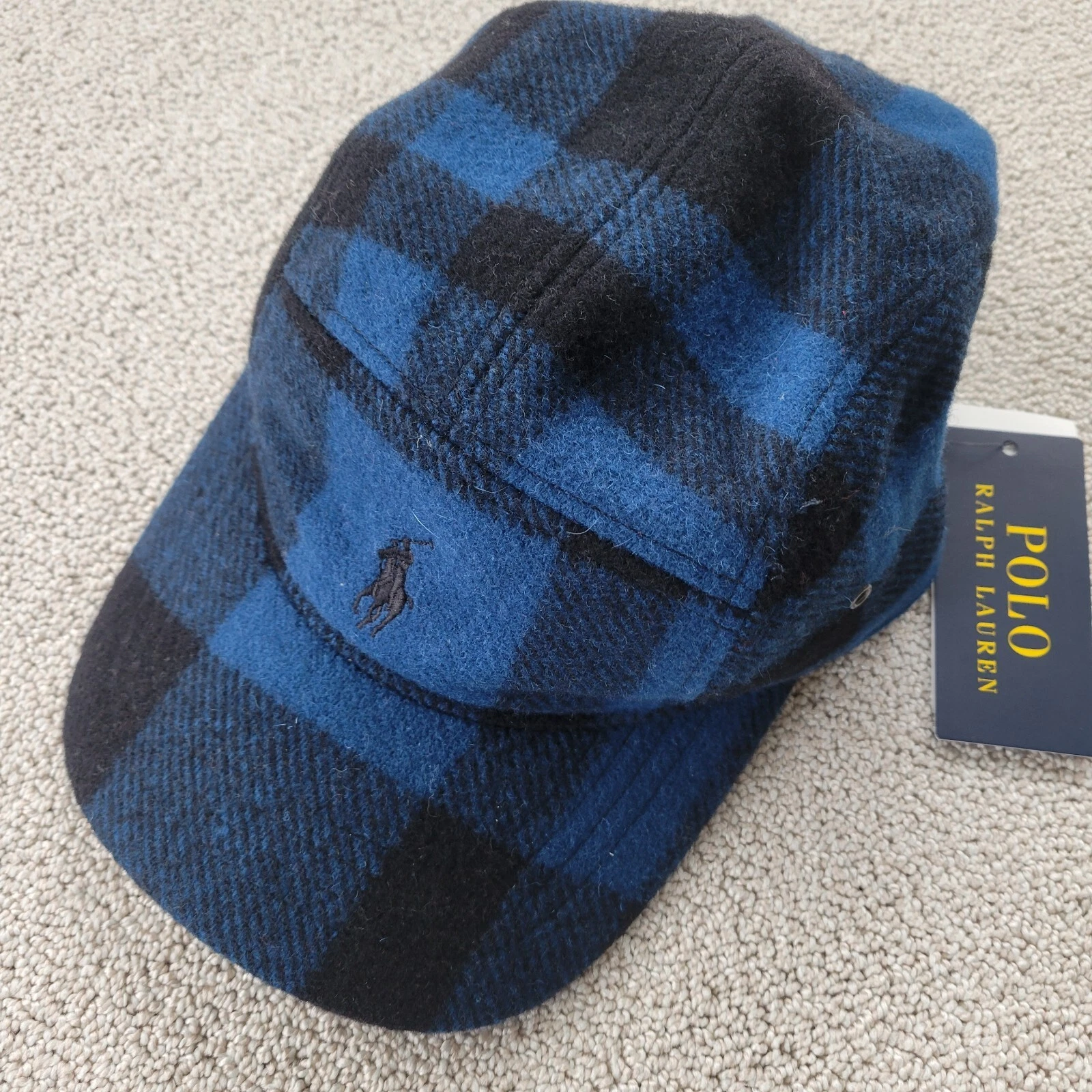 Polo Ralph Lauren Men Wool Blue Plaid Baseball Cap 5 Panel Hat New