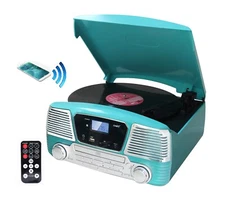 TechPlay ODC35BT Retro Record Player Bluetooth CD AM/FM Radio Turquoise NEW