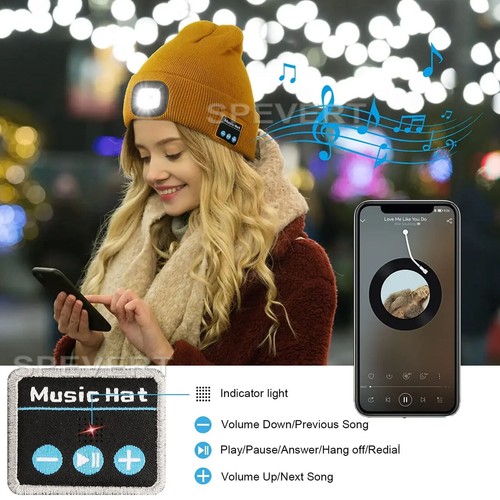 Bluetooth LED Beanie Hat with Music Speakers Mic Rechargeable Cap Head Lamp Gift - Picture 7 of 26