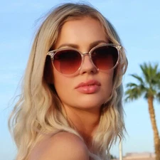 Retro Babe Rounded Cat Eye Sunglasses Clear/Gold Tone Frame Purple Gradient Lens