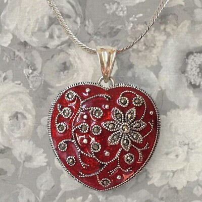 Vintage Dee Berkeley 925 Silver Marcasite Metallic Enamel Heart Pendant Necklace
