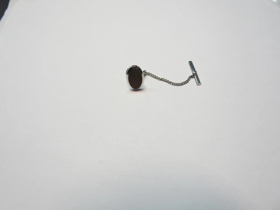 Винтажная металлическая заколка на лацкан галстук овальная серебристая инкрустация дерево - Изображение 2 из 4