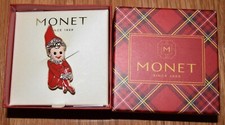NWT Monet Christmas Elf Pin Brooch Red Enamel Gold Tone Bent Knee Hugger Box