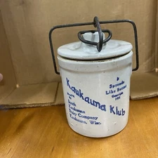 Vintage Kaukauna Klub Dairy Co Butter Wisconsin Cheese Stoneware Crock Bail Lid