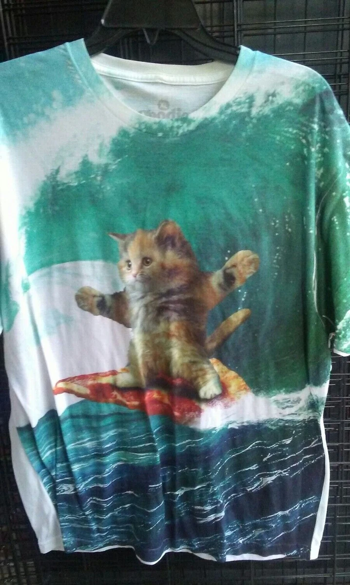 Cat surfing clearance on pizza shirt