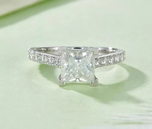 2.45Ct Princess Cut Real Moissanite 14k White Gold Plated 925 Engagement Ring - 第 1/4 張圖片