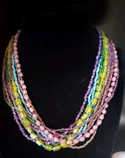 Boho Style Multi Strand, Multicolored Glass Beaded Necklace/ Layered Necklace