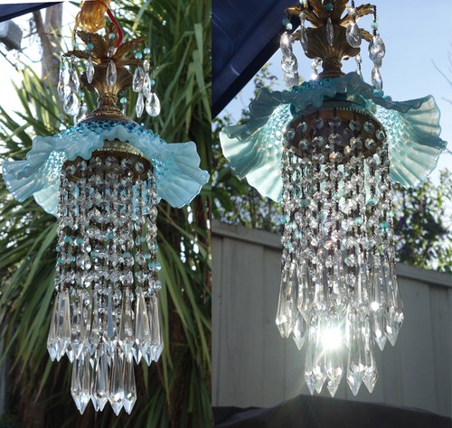 1 Vintage Fenton Aqua Qualle Glas hängend Messing Tole SWAG Lampe Kronleuchter - Bild 2 von 12