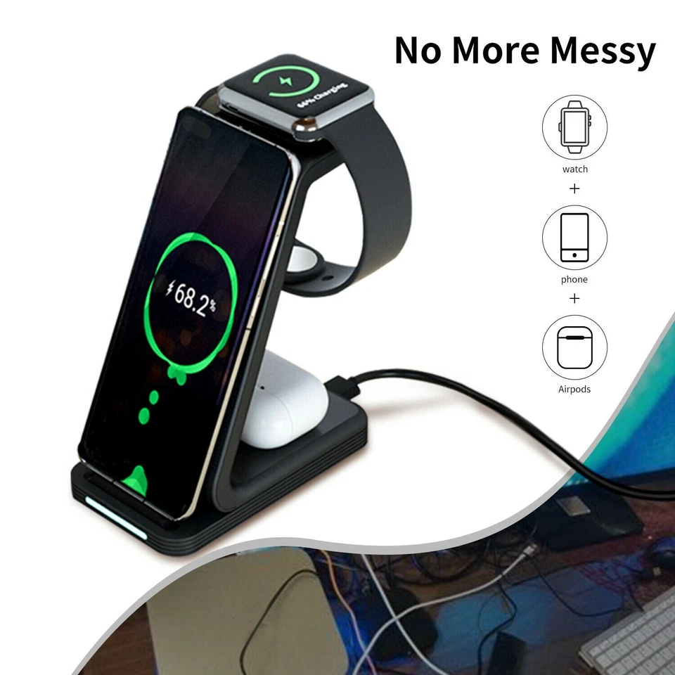 New 3 IN 1 Wireless Charger Charging Dock Stand for iPhones Airpods iWatch 25W - Image 2 of 4