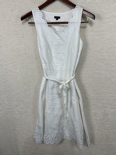 Talbots 100% Linen Dress Women’s 10 White Eyelet Fit And Flare Sleeveless Lined