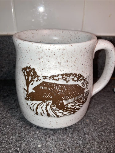 Onion River Pottery Covered Bridge Coffee Cup Mug VT Vermont Speckled Brown