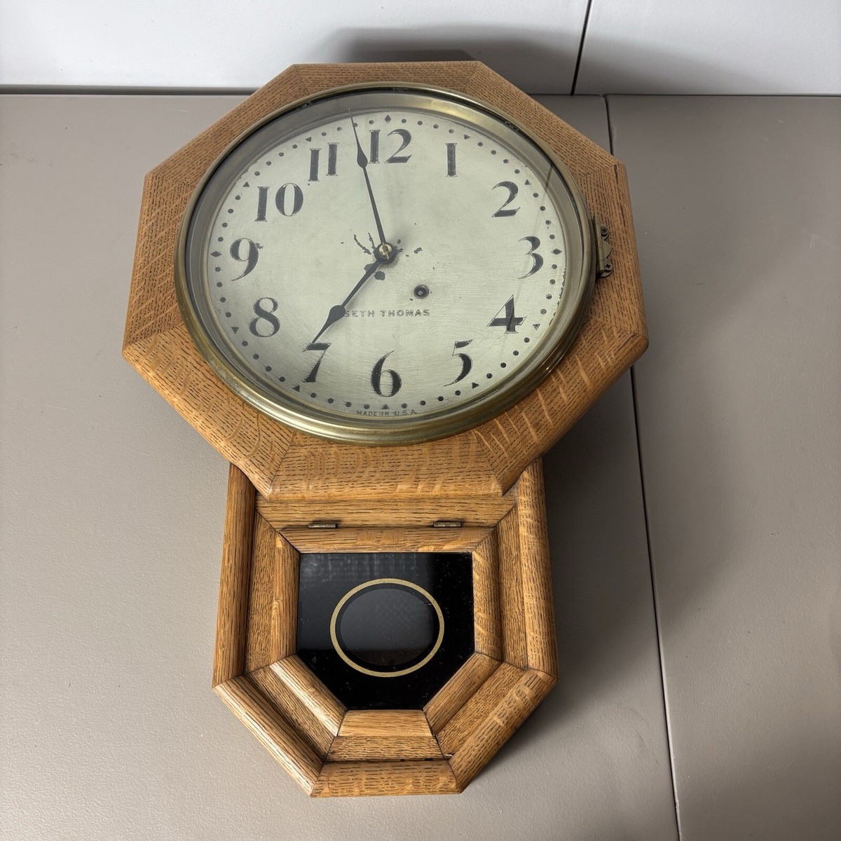 Seth Thomas Drop Regulator Octagon School House Wall Clock Circa