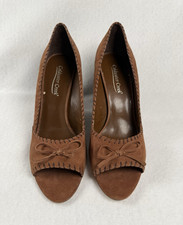 Coldwater Creek Brown Suede Peep Toe Bow Wedge Pumps Slip On US 10
