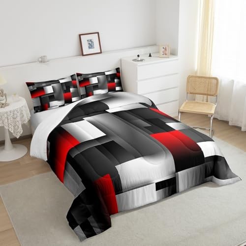  Teens Grid Square Comforter Set Size,Red White Gray Bedding Queen Black Red