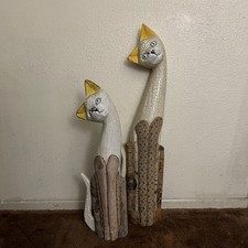 Pair Of Wooden Carved Cat Statues Tall 31  And 23  Vintage Primitive Hand Painted