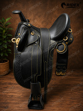 Black Leather Australian Stock Saddle Horse Tack With Girth & Stirrups