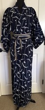 Vintage Japanese Kimono Robe Cotton Navy Blue White Print w Stripe Sash Handmade