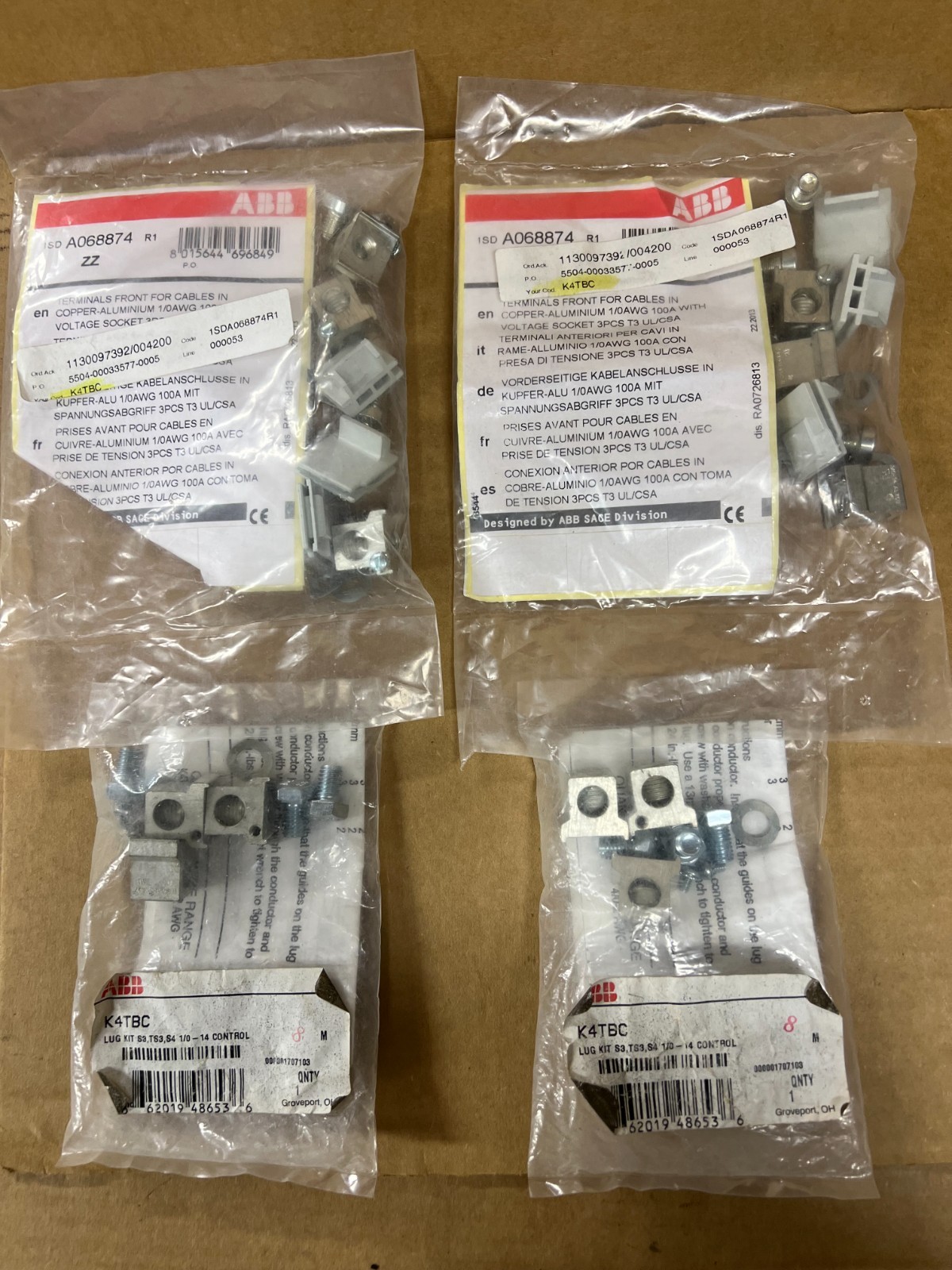 ABB K4TBC LUG KIT S3, TS3, S4 1/0 - 14 CONTROL - 1SDA068874R1 LOT OF 4 PACKAGES
