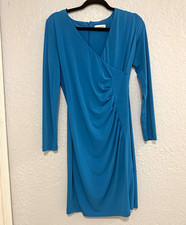 Calvin Klein Blue Solid Jersey Sheath Dress 8 V-Neck Long Sleeve Ruched Zip