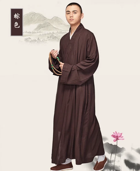 Shaolin Buddhist Monk Dress Meditation Cotton Linen Long Robe Gown Kung Fu Suit - Image 3 of 4