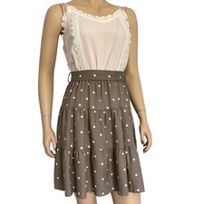 Mine eyelet lace linen blend tan polka dot mini dress size medium nwot