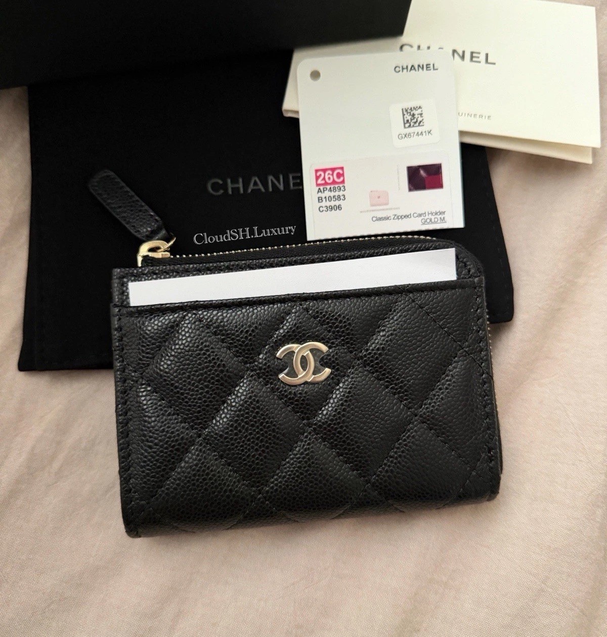 Auth BN Chanel Black Caviar Classic CC Logo Zip Card Holder Wallet image 2