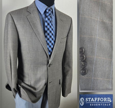 Stafford Plaid Blazer Men 40R Gray Check Sport / Suit Jacket 2 Button Windowpane