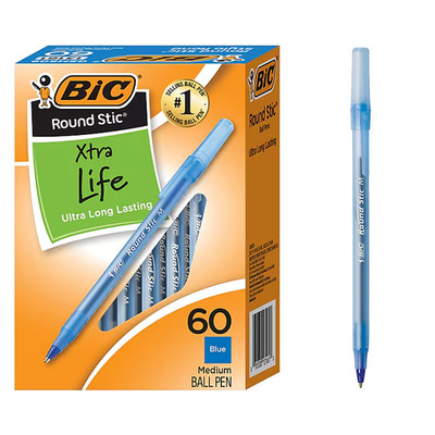 BIC Round Stic Xtra Life Ballpoint Pens, Medium 60 Count (Pack of 1), Blue 