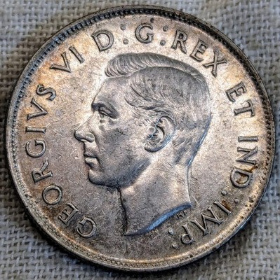 1943 Canada 50 Cents AU : Original Tone, Low Mintage 3.1M - .8 Fine Silver Half