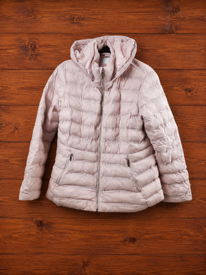 Womens Large Light Pink Hooded Puffer Jacket Gold Trim Packable Removable Hood