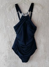 Miraclesuit One Piece Swimsuit Heathered With Built-In Necklace  Bra Navy Sz 12