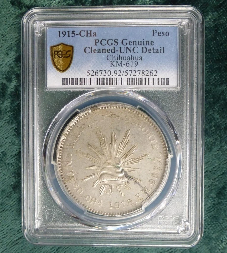 1915 CHa PCGS Unc Detail Mexico Chihuahua Silver Peso, Mint Error, KM #619 - Image 2 of 4