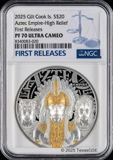 2025 Cook Islands $20 3oz Gilded Silver Legends - Aztec Empire NGC PF70 FR