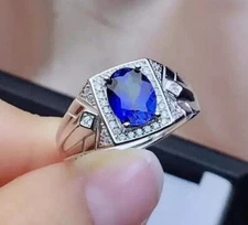 3.30Ct Natural Oval Cut Sapphire & Diamond Pinky Men's Engagement Ring 14k Gold