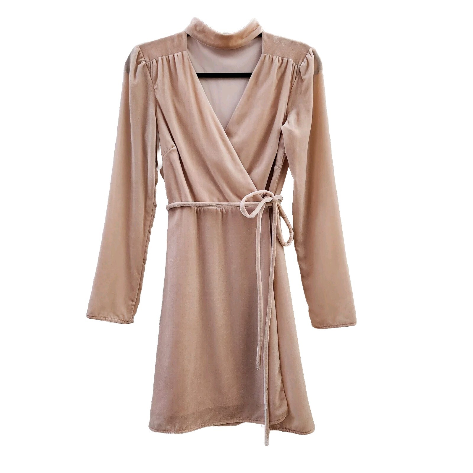 WAYF Velvet Mini True Wrap Dress Womens S Blush Pink Choker Collar Long Sleeve