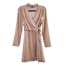 WAYF Velvet Mini True Wrap Dress Womens S Blush Pink Choker Collar Long Sleeve 