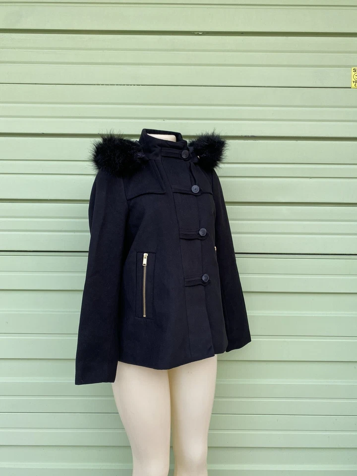 ZARA Abrigo Negro PIEL DESMONTABLE CON CAPUCHA Cremallera Talla XS 6412 Foto 3 de 4