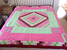 Hand Stitched Patchwork Vintage Quilt Flowers Pink Green Full or Queen Size