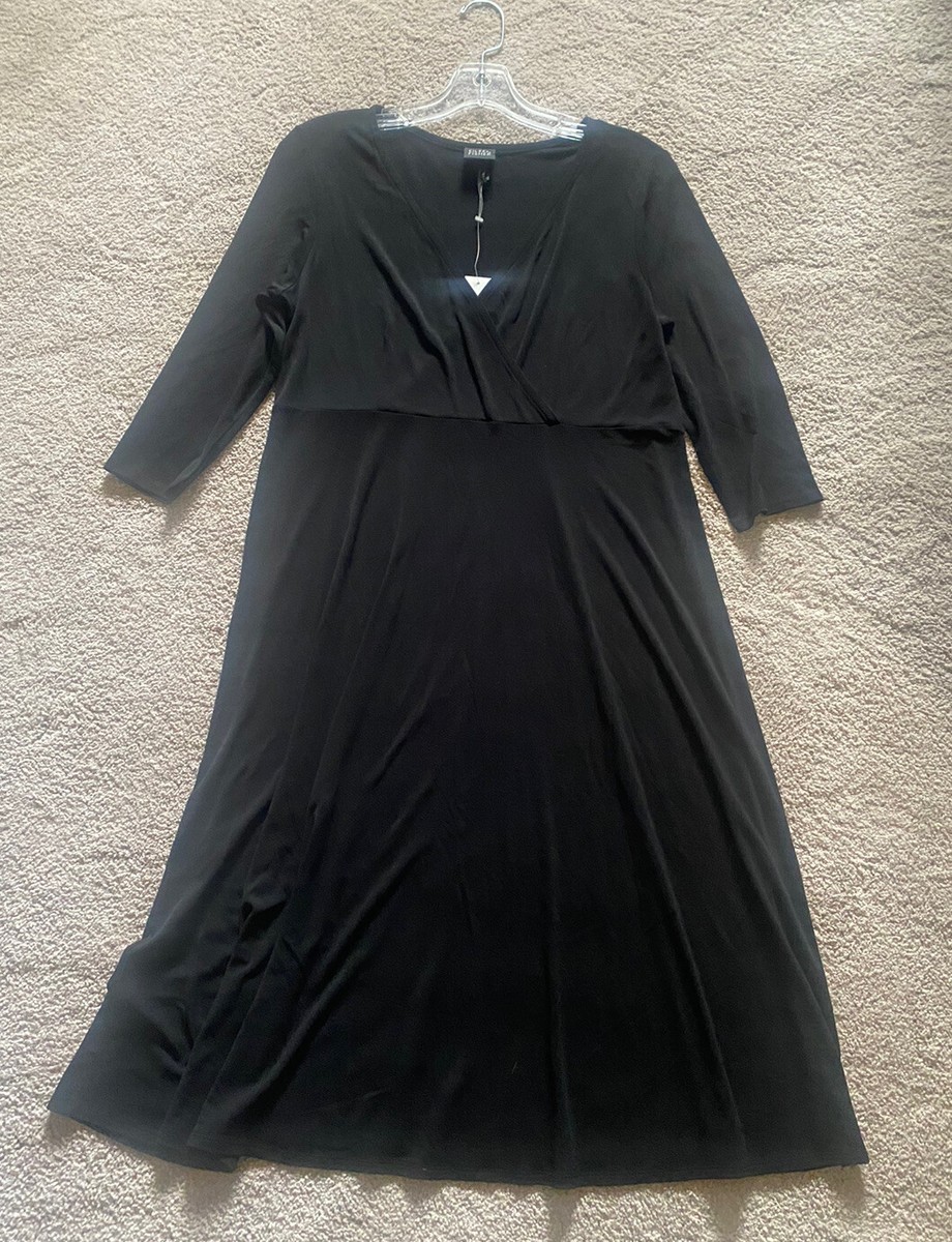 EILEEN FISHER Stretch Silk Jersey Dress M Faux Wrap V-Neck 3/4 Sleeve Black  NWT