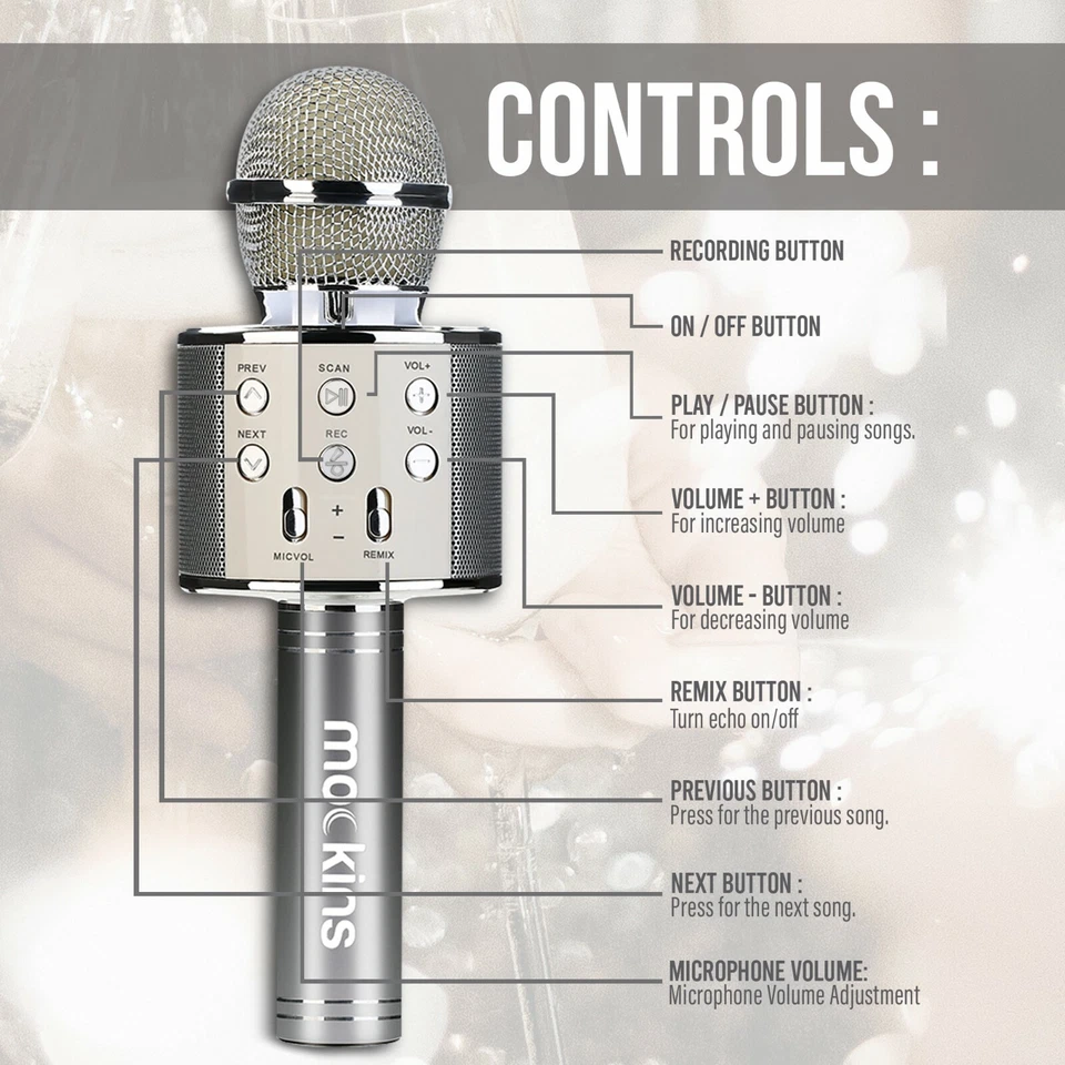 Mockins 2 Pack Silver Wireless Bluetooth KARAOKE MICROPHONE Holiday Gift, kids - Image 4 of 4