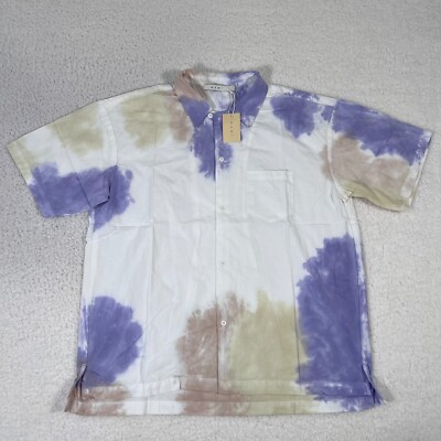MNML Shirt Mens Large White Purple Cloud Dyed Short Sleeve Button Up Cotton NEW