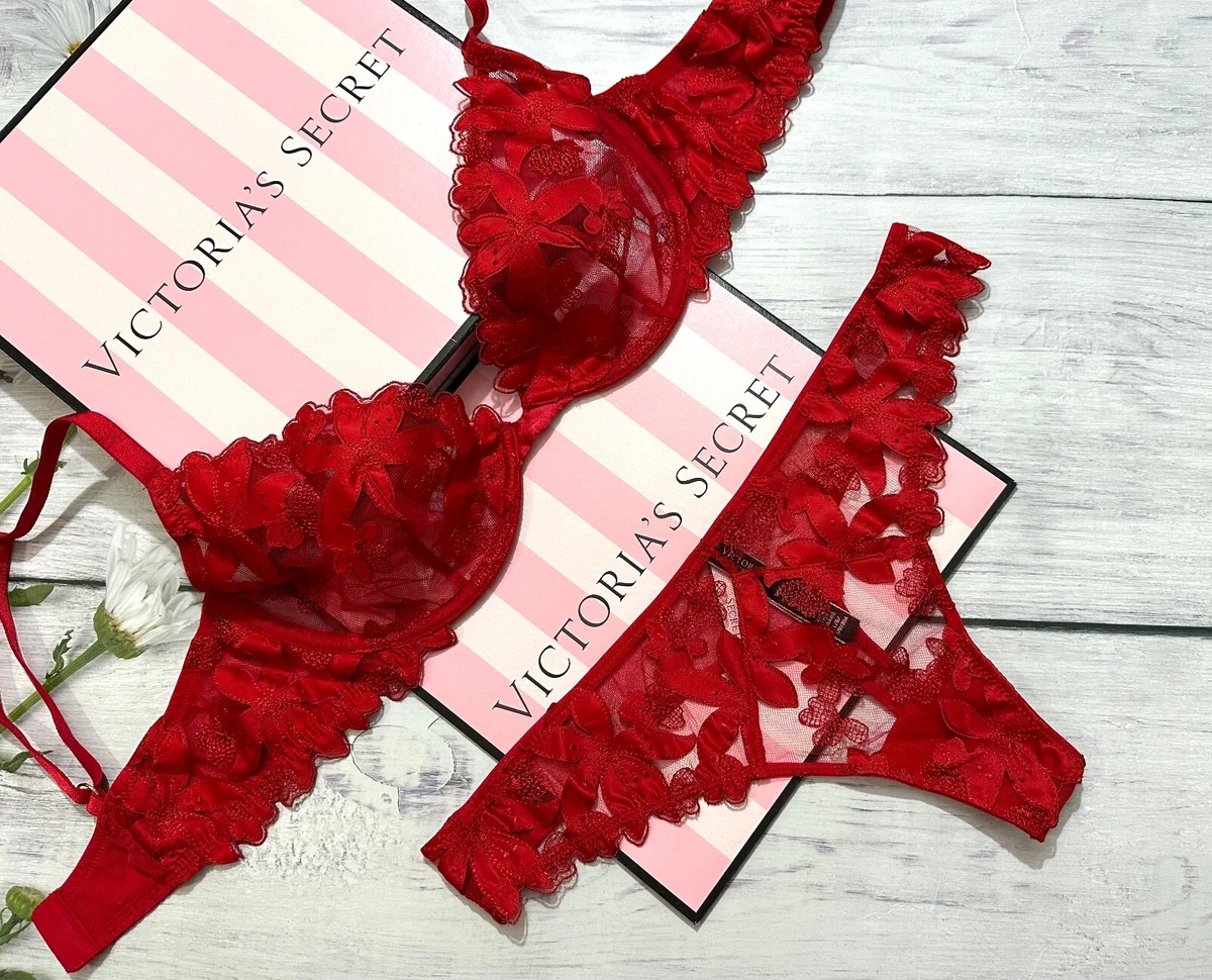 Victoria's Secret Luxe sans Doublure en Applique Brodé Demi String Bra Set  Rouge