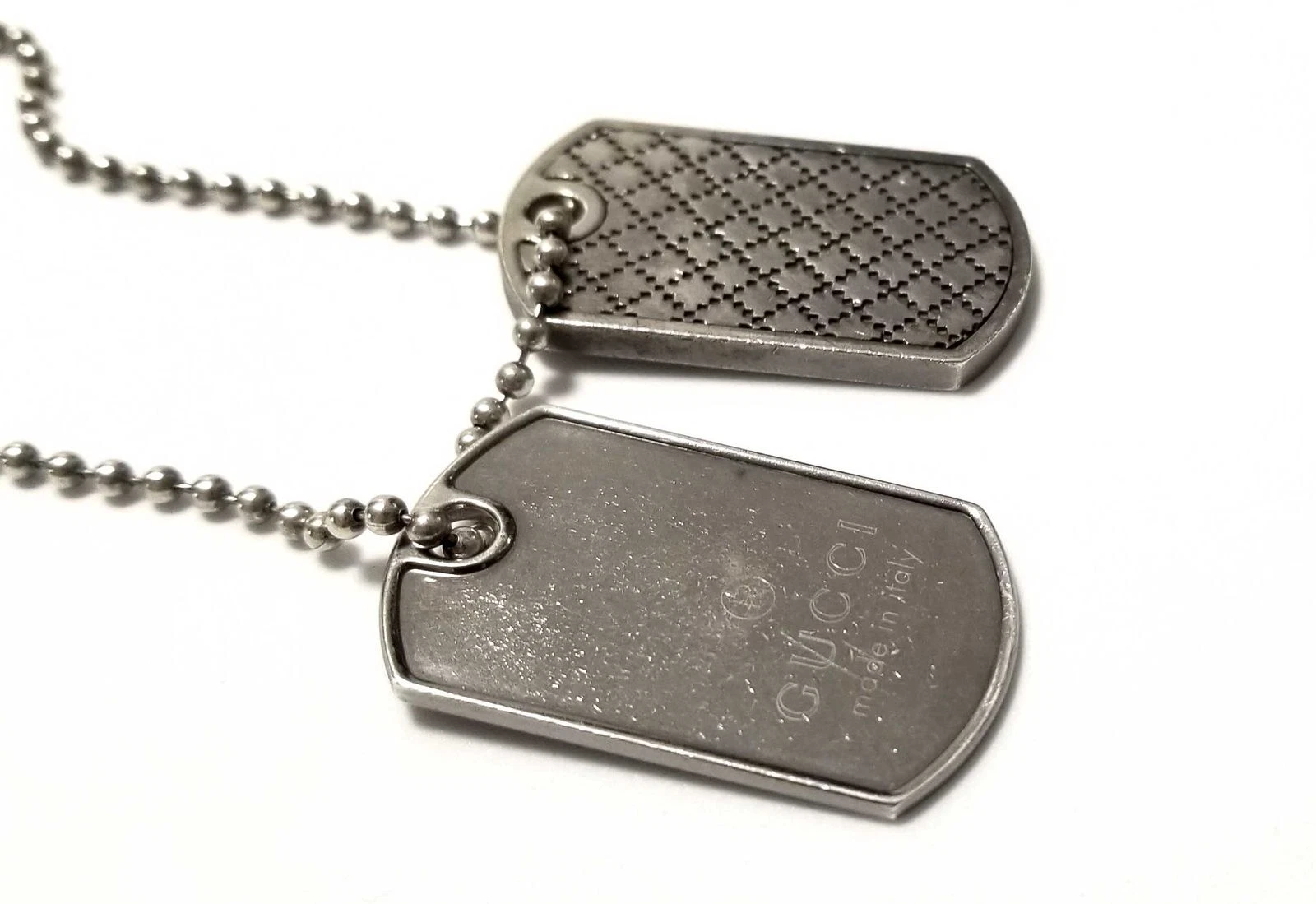 Collier GUCCI Dog Tag Diamante Logo Diamantissima Argent Accessoires Hommes