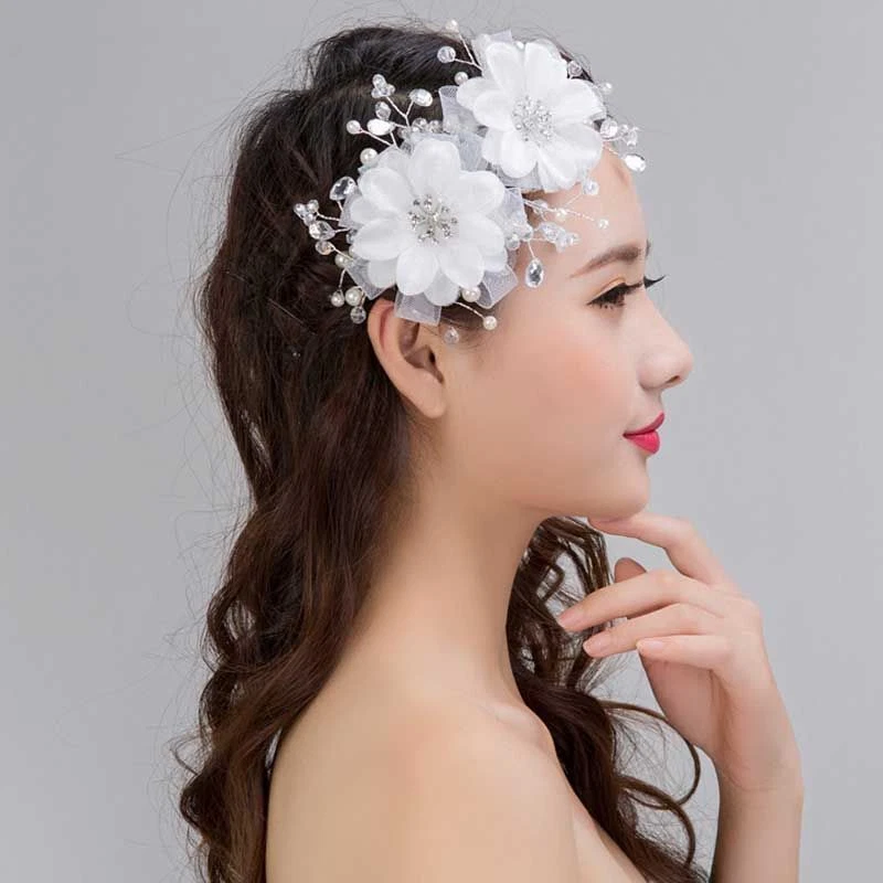 Tocados de novia de perlas sintéticas-horquillas florales de encaje blanco accesorios para el cabello de boda Foto 4 de 4